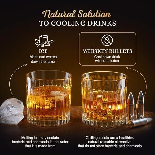 Bullet Whiskey Stones Gift Set for Men, Steel Rocks & Bourbon Glasses