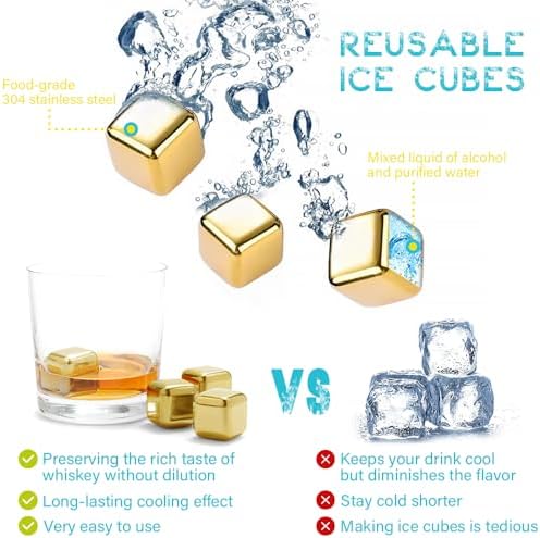 Reusable Stainless Steel Ice Cubes, 8 Packs Metal Whiskey Stones Chilling Rocks, Reusable Ice Cube for Whiskey, Vodka, Beverage Chilling Stones, Gold