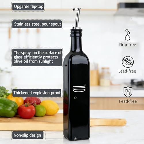 Black Glass Oil Dispenser for Kitchen, Olive Oil Dispenser Bottle & Oil and Vinegar Dispenser, Cooking Oil Dispenser & Oil Container, Multipurpose Olive Oil Bottle for Cooking，1 Piece