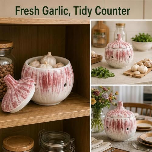Brush Glaze Ceramic Garlic Container Keeper Holder Counter Storage Pot Kitchen Pantry Farmhouse Dining Table Countertop Organizer