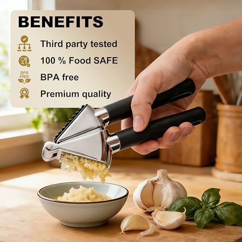 3WAVES Heavy Duty Garlic Press | Built-In Peel Cleaner | Large Chamber fits Multiple Cloves | Easy Squeeze Ergonomic handle | Food-Grade & Independently Tested | Rust Proof Die Cast Zinc Alloy