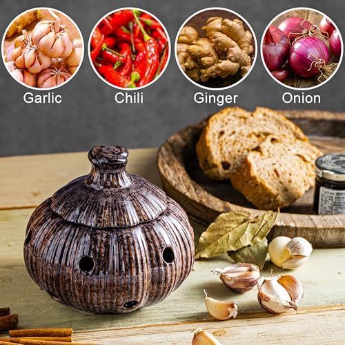 Ceramic Garlic Keeper Jar and Lid, Large Garlic Holder Storage