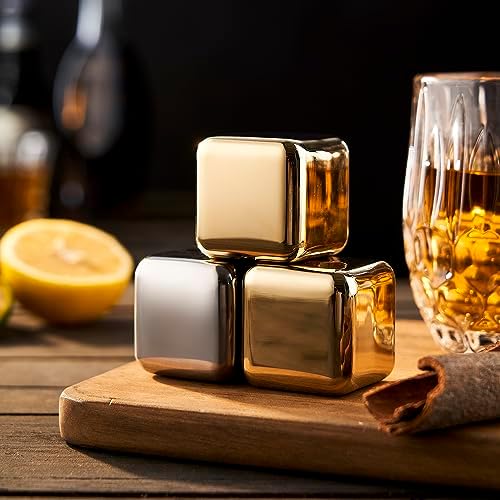 4 Large Whiskey Stones 64 cm³ (4 cu in) - Man Gift Set - Reusable Stainless Steel Metal Ice Sphere Cubes Beverage Chilling Rocks Whiskey Stones for Red Wine, Bar Beer, Scotch, Vodka Drinks - Silver