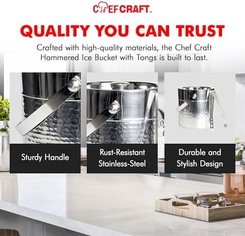 Chef Craft Hammered Ice Bucket with Tongs, Elegant Rust-Resistant Stainless Steel Ice Bucket, 3-Quart Ice Bucket Ice Buckets for Parties, Large Ice Bucket for Indoor or Outdoor Use