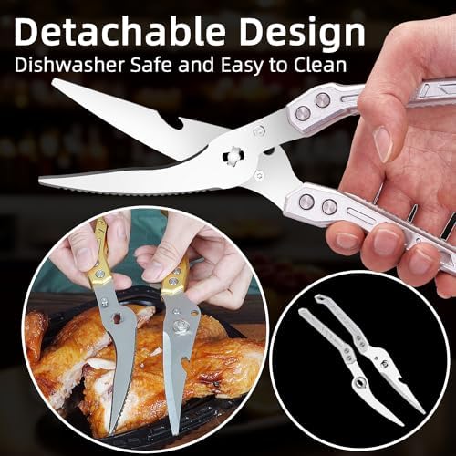 Heavy Duty Kitchen Shears Poultry Scissors Professional for Meat, Chicken, Bone,Turkey, Fish, Separable Design,Spring Loaded, Dishwasher Safe (SILVER)