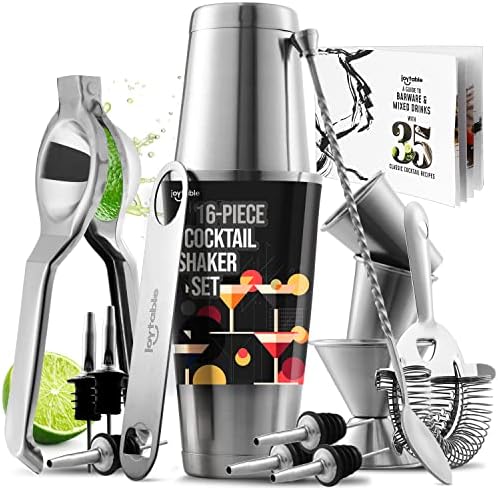 Bar Set Cocktail Shaker Set, Stainless Steel Mixology Bartender Kit, 16PC Silver Tools: 30oz Martini Shaker, Muddler, Kit Book, Jigger and Pourers