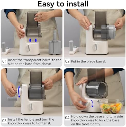 Safe Vegetable Mandoline Slicer Large Multifunctional Rotary Cheese Grater Hand Crank Easy Rotating Veggie Shredder Anti-Cutting, 3 Interchangeable Blades (WhiteGrey)