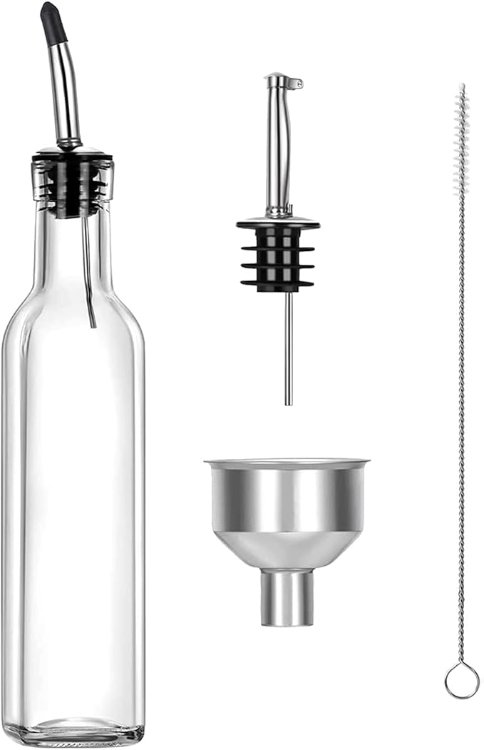 Olive Oil Dispenser 8 Oz, Oil Vinegar Cruet, Square Tall Glass Bottle W/Stainless Steel Pourer Spout & Stainless Steel Funnel SET OF 250 ML