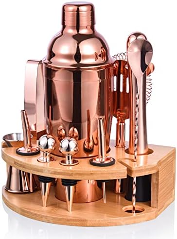 Bartender Kit with Stylish Bamboo Stand, 12 Piece 25oz Cocktail Shaker Set for Mixed Drink, Professional Stainless Steel Bar Tool Set, Gift for Man Dad- Cocktail Recipes Booklet (Rose Gold)