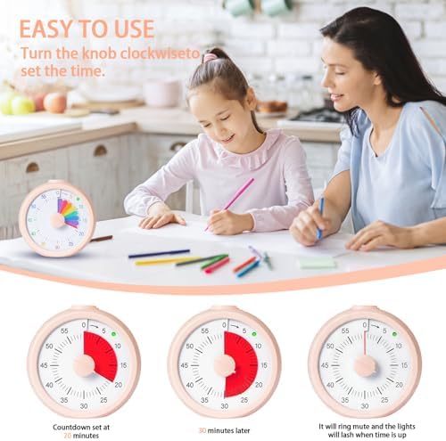 Visual Timer for Kids 60 Minute Countdown Timer Rainbow Disk Desk Timer Clock for Classroom Study Office Kitchen with Silent Operation (Pink)