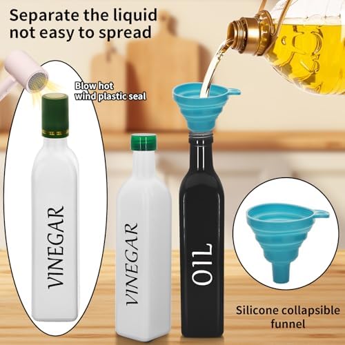 Olive Oil Dispenser Bottle,2 Pcs 17oz 500ml Glass O il and Vinegar Dispenser Set with 2 Stainless Steel Pourers, 8 Labels,Funnel Vinegar Bottles for Kitchen (Black Oil & White Vinegar)