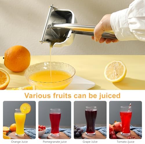 Stainless steel metal handheld manual juicer, hand cold press squeezer extractor juice for Juicy soft fruits such as limes, lemons, tangerines, citrus, oranges, Grape, and grapefruits.