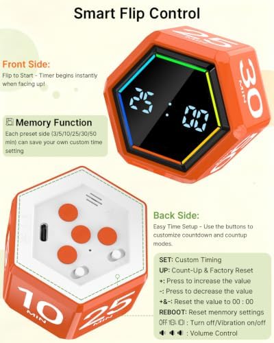 Rotating Pomodoro Timer Cube 3/5/10/25/30/50 min with Colorful Visual Bar