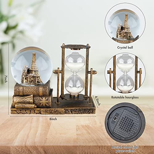 LED MusicCrystal Snow Globe， Sand Timer ，Hourglass,Home Decor,Table Decor for Living Room ，Office Desk Decorations[Brass Tower ]