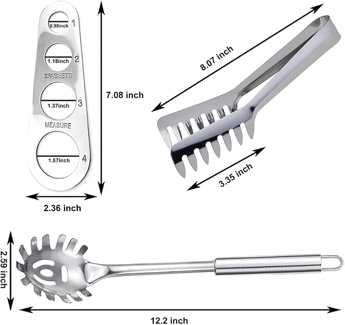 3 Pieces Stainless Steel Spaghetti Server Set | Pasta Tong, Spoon Server Fork, Measure Tool - Kitchen Cooking Utensil Set, for Noodles Serving Gadgets
