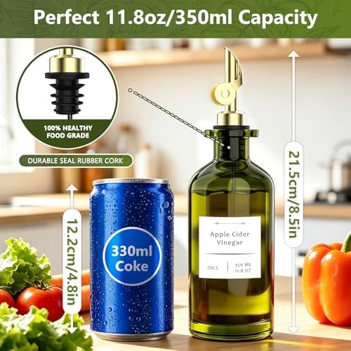 COOLMI Olive Oil Dispenser Set of 2, Dark Green Glass Bottles, 12 oz