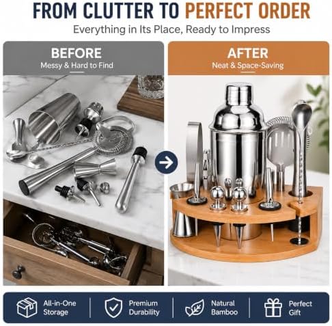 Cocktail Shaker Set with Bamboo Stand, 12-Piece 25oz Stainless Steel Bartender Kit, Martini & Margarita Bar Tools for Home Bar, Drink Mixer Set, Housewarming Gift, Silver