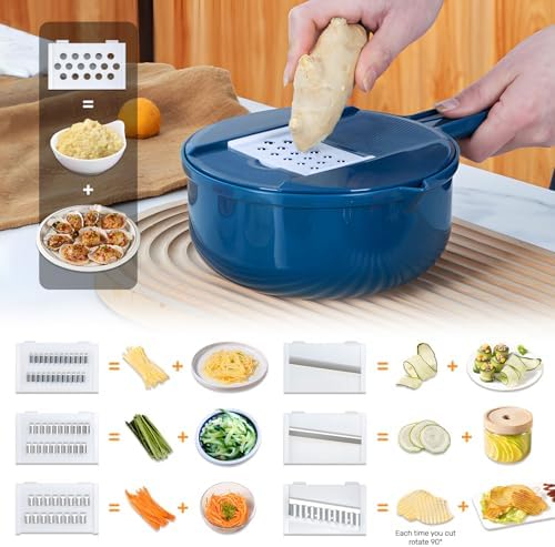 Multifunction mandoline slicer;vegetable chopper;vegetable slicer;food slicer;food chopper;chopper container;onion chopper;mandoline food slicer;vegetable cutter;chopping artifact (blue, 9 in 1)