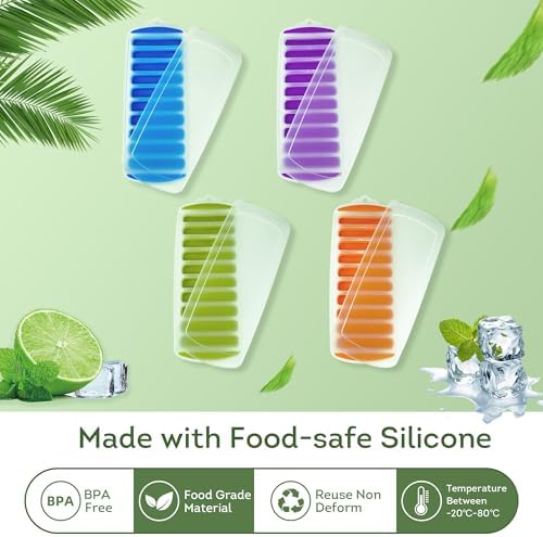 Lily's Home Silicone Ice Cube Tray with Lid Set of 4, BPA-Free, Ideal for Water Bottles & Sports Bottles, Flexible & Stackable Design for Quick Release, Ice Cube Trays for Freezer(11.81"*4.72"*0.95")