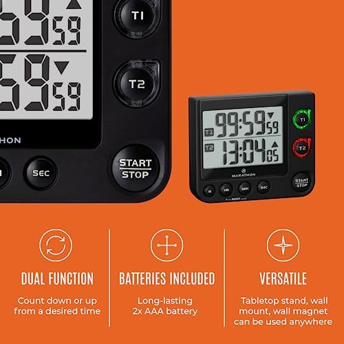 MARATHON Dual Digital Timer, 100-Hour Count Up/Down, Large Display, Black