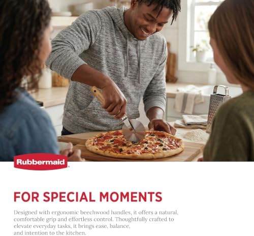 Rubbermaid Beechwood Pizza Cutter Wheel, Heavy Duty Sharp Pizza Slicer for Pizza, Dough, Pie Crust, Pastries | Stainless Steel Blade with Built In Finger Guard | Beechwood & Stainless Steel Collection