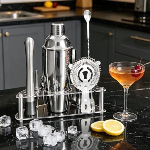 9-Piece Cocktail Shaker with Stand, 25oz Bartender Kit, Cocktail Shaker with Strainer Set, Bar Set Jigger for Bartending Drink Mixer Set, Cocktail Set Recipe (Silver)