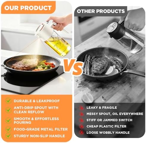 PLAPITATE 17oz/500ml Premium Olive Oil Sprayer for Cooking, 2 in 1 Glass Olive Oil Dispenser Bottle for Kitchen Gadgets, Spray Bottle with Portion Control for Salad, Frying, BBQ (White)