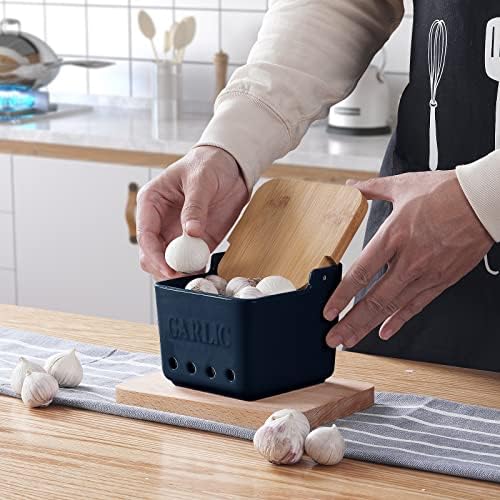 ONTUBE Garlic Keeper with Lid, Ceramic Garlic Holder Storage 4.7-Inch (Navy)