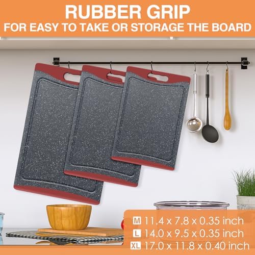Extra Large Cutting Boards, Plastic Cutting Boards for Kitchen (Set of 3) Cutting Board Set Dishwasher Chopping Board with Juice Grooves Easy-Grip Handles, Red, Empune