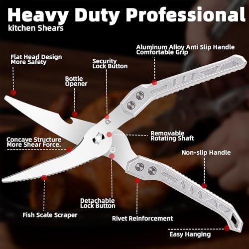 Heavy Duty Kitchen Shears Poultry Scissors Professional for Meat, Chicken, Bone,Turkey, Fish, Separable Design,Spring Loaded, Dishwasher Safe (SILVER)