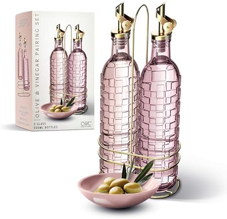 COOK WITH COLOR Glass Olive Oil Bottle Dispenser - 2 Pack- 17oz Oil and Vinegar Cruet - Olive Oil Carafe Decanter for Kitchen, Checkered, Pink