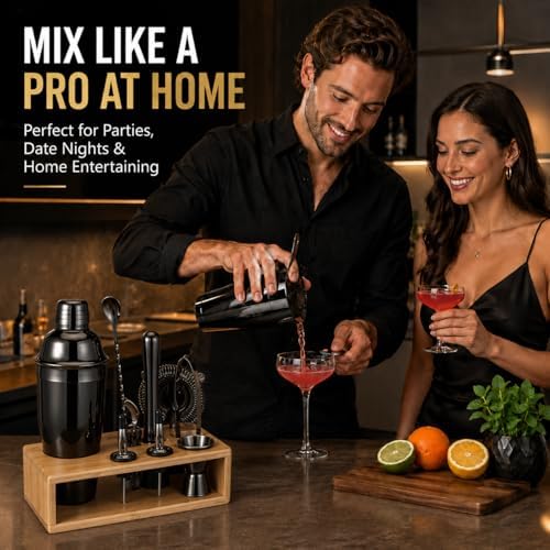 Black Cocktail Shaker Set, Premium 18/8 Stainless Steel Mixology Bartender Kit with Stylish Bamboo Stand 10-Piece Bar Tools & Accessories for Home Bar for Men, Dad, Husband