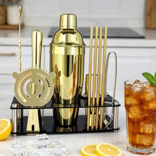 14-Piece Cocktail Shaker Set with Stand, Bartender Kit, 25oz Shakers, Bar Set Cocktail Shaker Set, Jigger for Bartending Kit, Drink Mixer Set, Cocktail Set Recipes Booklet Home, Bar, Party (Gold)