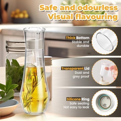 2 Pack Oil and Vinegar Dispenser with No-Drip Spout, Glass Soy Sauce Dispenser Bottle Set, Olive Oil Cruet with Dust Cap for Kitchen Cooking, 8.8oz