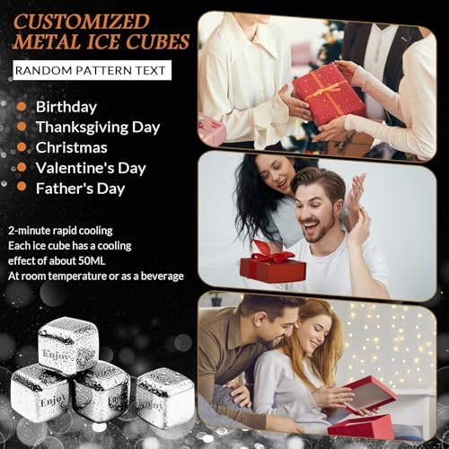 Whiskey Stones Gift Set Custom Engraved Stainless Steel Whiskey Ice Stone Personalized Whiskey Stones Gift Set Reusable Stainless Steel Chilling Rocks, for Mens Dad Husband Gift (6 PC)