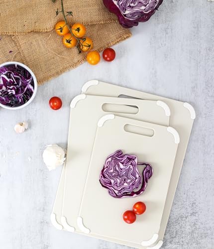 Dexas Fresh Prep 3-Pack Non-Slip Cutting Board Set – Dishwasher Safe Plastic Boards with Silicone Grip Corners & Handle, Cream (14.17" x 10.63", 12.6" x 9.06", 11.02" x 7.48")
