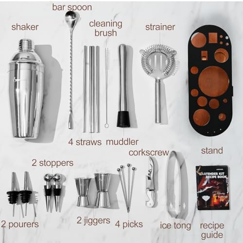 23-Piece Cocktail Shaker Set with Stand, 304 SS, Bartender Kit Gift