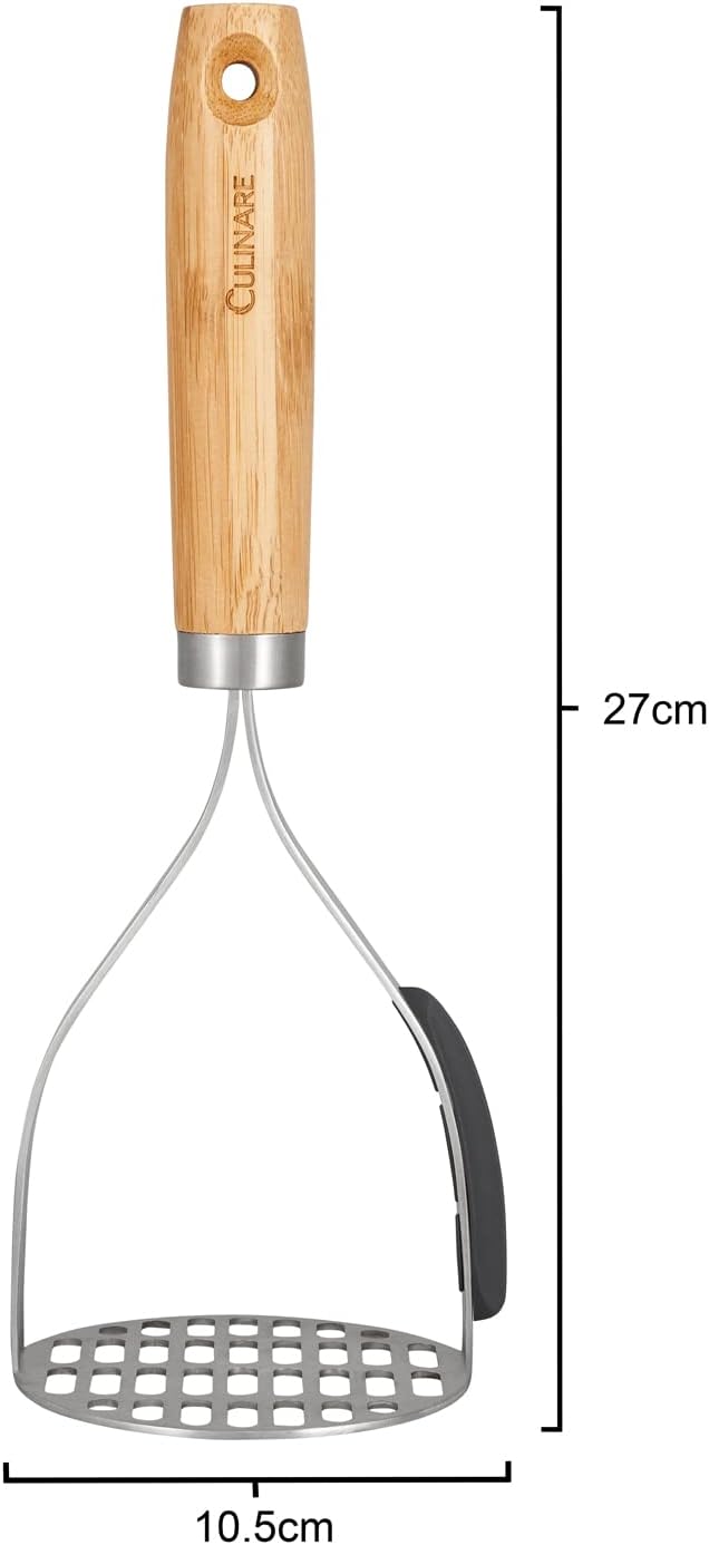 Culinare Naturals C70008 Masher | Sustainable Bamboo/Stainless Steel | (L)270mm x (W)105mm | Manual Hand Held Mashing Tool/Kitchen Utensil | Metal Masher/Includes Pan Scraper | Not Dishwasher Safe