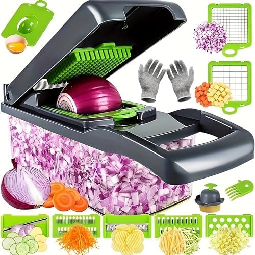 Multifunctional Vegetable Chopper with Container - Mandoline Slicer & Cheese Grater - Onion Chopper & Spiralizer - Kitchen Gadgets with 8 blades Veggie Cutter, Dicer, Mincer & Strainer