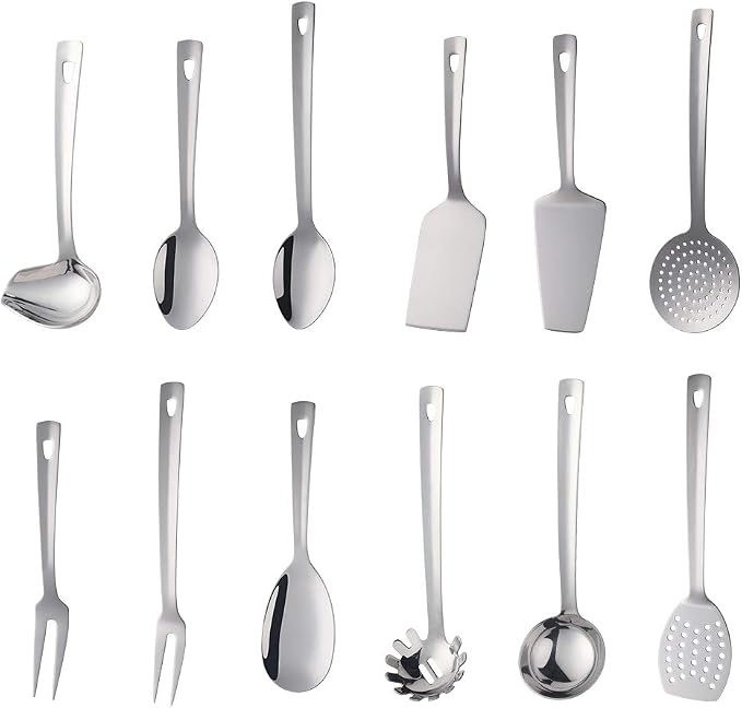 12 Pcs Cooking Utensil Set, Stainless Steel Silver Titanium Plated Cookware Sets with Public Fork/Spoon, Cake Shovels, Spatula, Ladles, Solid Spoon, Slotted Spoon, Pasta Server, Kitchen Tool Gadget