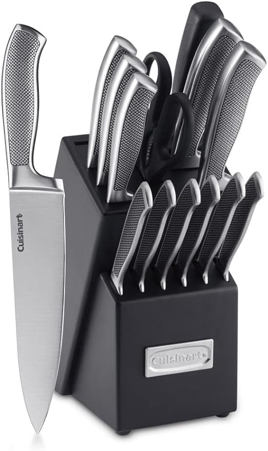 CUISINART Block Knife Set, 15pc Cutlery Knife Set with Steel Blades for Precise Cutting, Lightweight, Stainless Steel, Durable & Dishwasher Safe,C77SS-15P