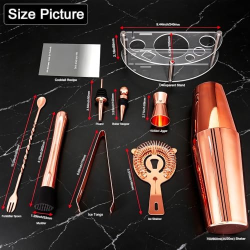 9-Piece Cocktail Shaker with Stand, 25oz Bartender Kit, Cocktail Shaker with Strainer Set, Boston Shaker Set, Bar Set Jigger for Bartending Drink Mixer Set, Cocktail Set Recipes (Rose Gold-25/20oz)