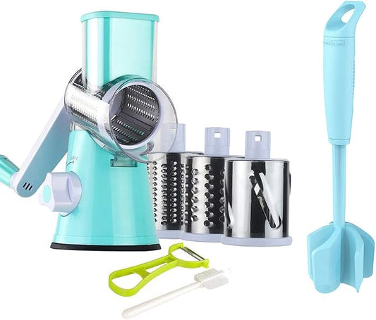 Ourokhome Rotary Cheese Grater Shredder and Hamburger Meat Chopper Stirrer, Round Food Slicer with 3 Drum Blades and Ground Beef Meat Breaker with Heat Resistant 5 Curved Blades