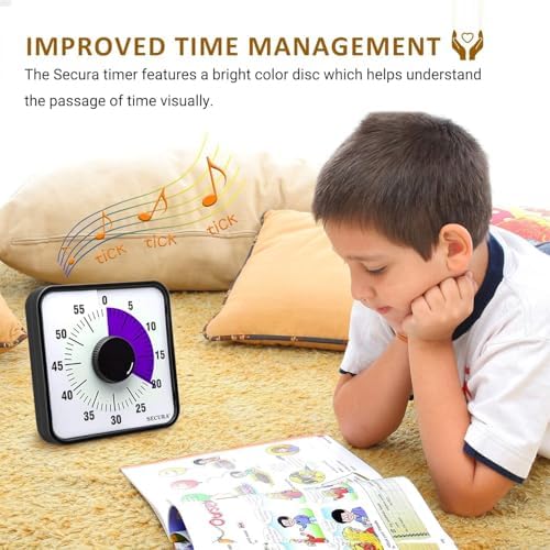 Secura 60-Minute Visual Countdown Timer, 7.5-Inch Oversize Classroom Visual Timer for Kids and Adults, Durable Mechanical Kitchen Timer Clock with Magnetic Backing (Purple)