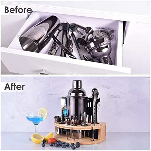 Bartender Kit with Stylish Bamboo Stand, 12 Piece 25oz Cocktail Shaker Set for Mixed Drink, Professional Stainless Steel Bar Tool Set, Gift for Man Dad- Cocktail Recipes Booklet (Grey)