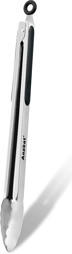 Anaeat Premium Stainless Steel Kitchen Tong, 12" Sturdy Coiled Spring Locking Food Tong with Non-Slip Silicone Grip for Cooking, Baking, Grilling, BBQ - Heat Resistant up to 480°F (Black)