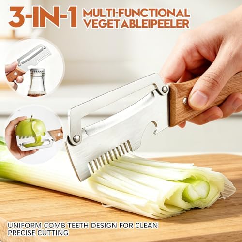 Left & Right Hand Vegetable Peeler Set with Scallion Slicer & Bottle Opener, Thickened Stainless Steel Wide Blade for Smooth Peeling, Wooden Handle Kitchen Peeler for Fruits & Vegetables