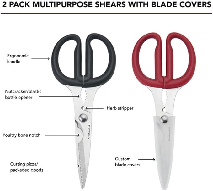 KitchenAid 2-Piece Multipurpose Shear Set – Versatile Scissors with Nutcracker, Bottle Opener, Ergonomic Handles with Protective Blade Covers