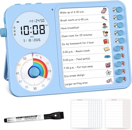 3-in-1 Visual Timer & ADHD Tool for Kids – ADHD Task Timer for Adults with Visual Schedule, Chore Chart & Planning Board for Home, School, Classroom, Work (Blue)