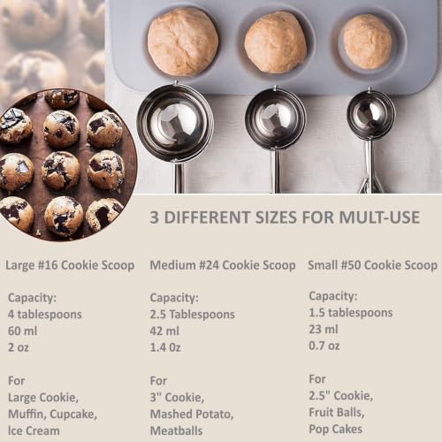 Ice Cream Scoop, 3Pcs Cookie Scoop Set, Stainless Steel Cookie Scoops for Baking Set of 3, Cookie Scooper for Baking, Ice Cream Scooper with Trigger Release, Cookie Dough Scoop